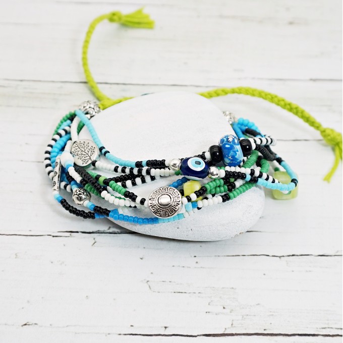 Lime Green Evil Eye Boho Bracelet Adjustable Size