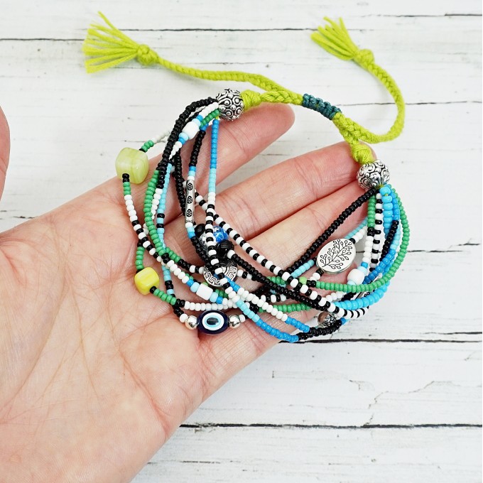 Lime Green Evil Eye Boho Bracelet Adjustable Size