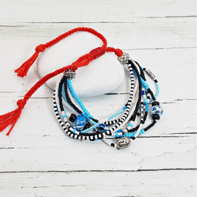 Beaded Multistrand Bracelet with Glass Beads and Buddha Charms