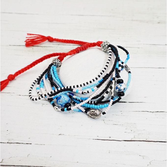 Beaded Multistrand Bracelet with Glass Beads and Buddha Charms