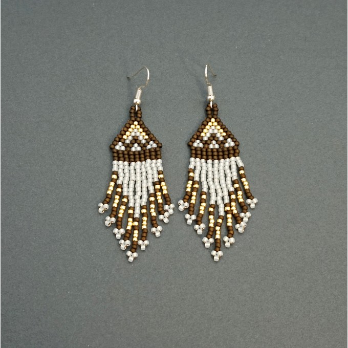 Small Brown-White Boho Shades Beaded Earrings with Fringe of Seed Beads Toho