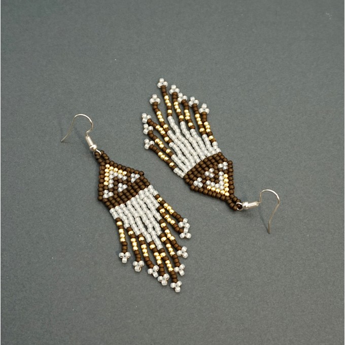 Small Brown-White Boho Shades Beaded Earrings with Fringe of Seed Beads Toho