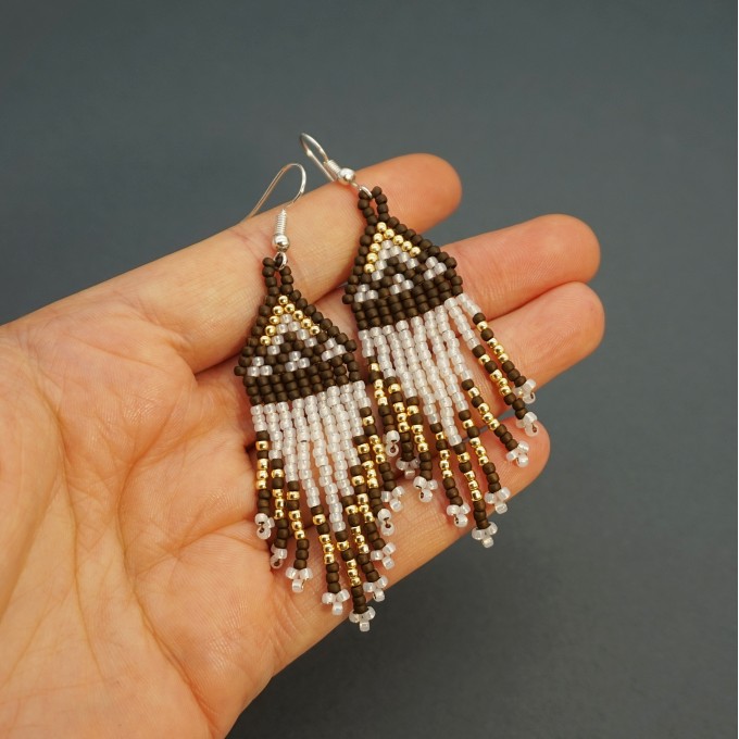 Small Brown-White Boho Shades Beaded Earrings with Fringe of Seed Beads Toho