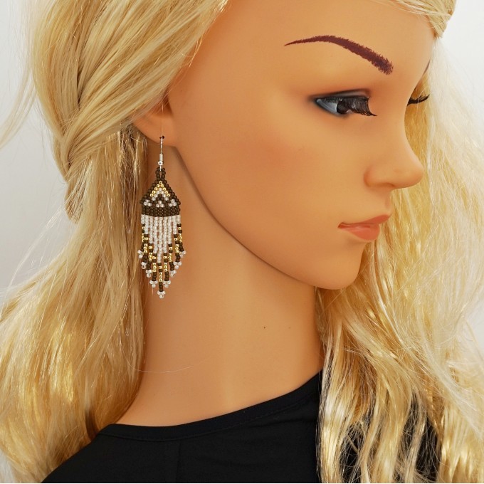 Small Brown-White Boho Shades Beaded Earrings with Fringe of Seed Beads Toho