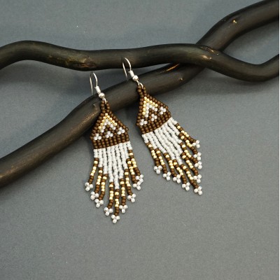 Small Brown-White Boho Shades Beaded Earrings with Fringe of Seed Beads Toho