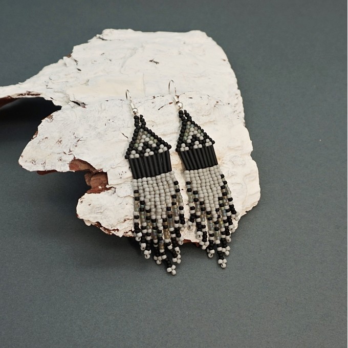 Tiny Grey - Black Beaded Earrings with Fringe