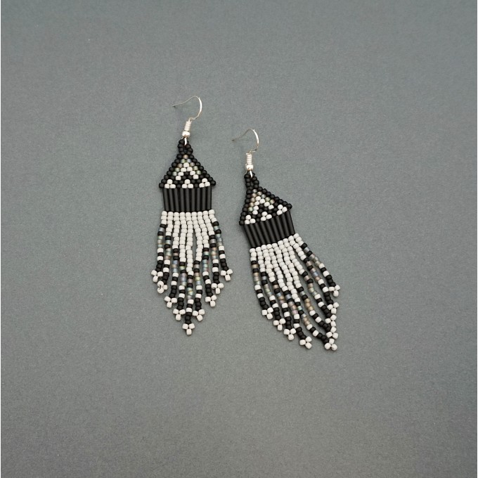 Tiny Grey - Black Beaded Earrings with Fringe