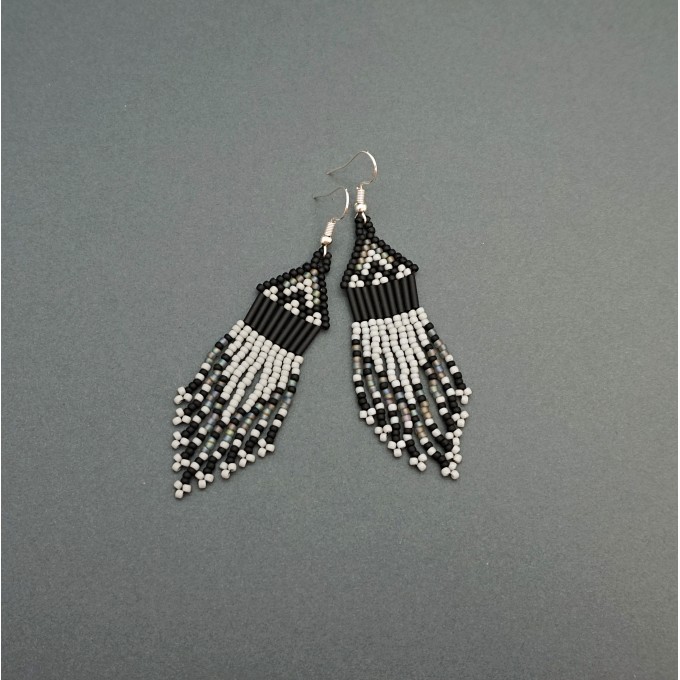 Tiny Grey - Black Beaded Earrings with Fringe