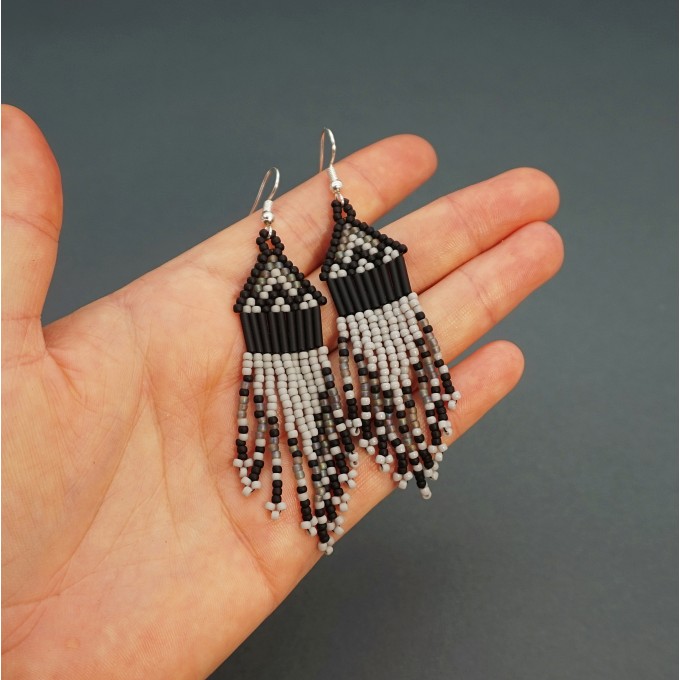 Tiny Grey - Black Beaded Earrings with Fringe