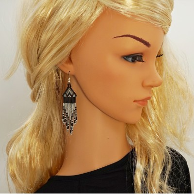 Tiny Grey - Black Beaded Earrings with Fringe