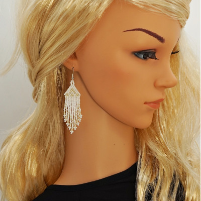 Small White Beaded Earrings with Fringe