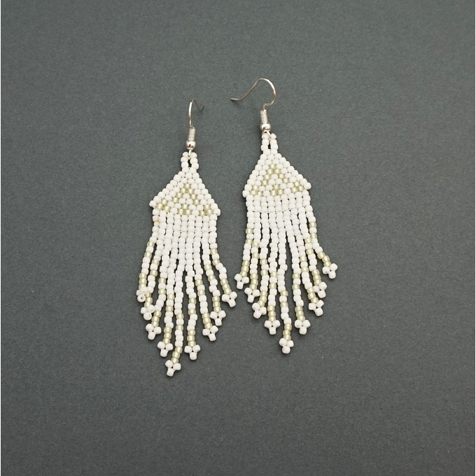 Small White Beaded Earrings with Fringe