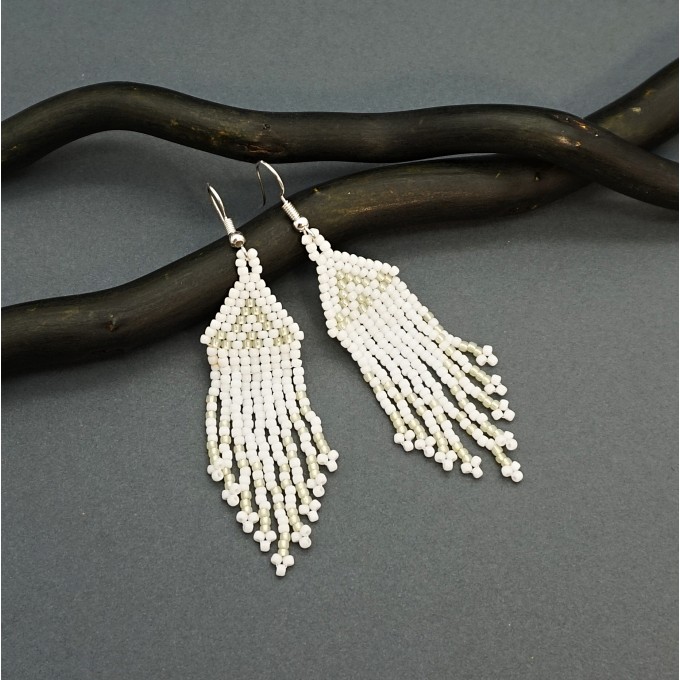 Small White Beaded Earrings with Fringe