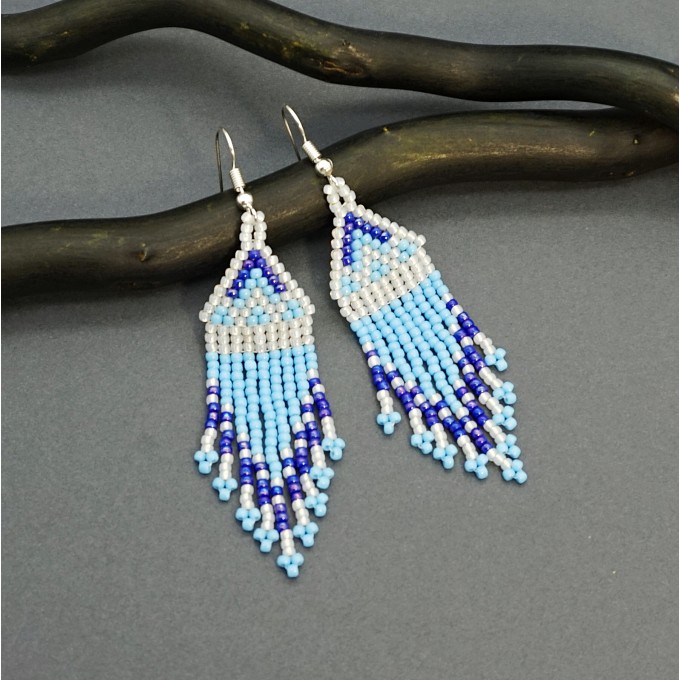 Small Light Blue Beaded Earrings with Fringe of Seed Beads Toho