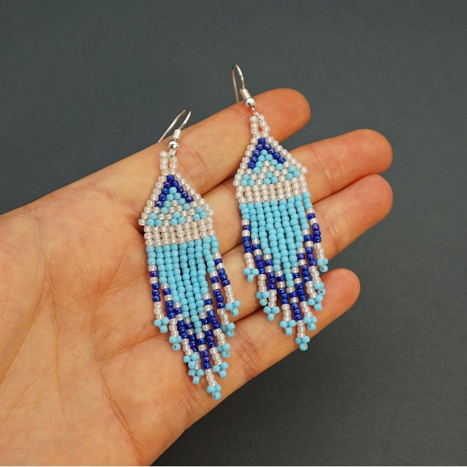 Small Light Blue Beaded Earrings with Fringe of Seed Beads Toho