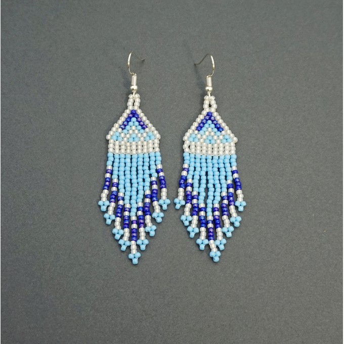 Small Light Blue Beaded Earrings with Fringe of Seed Beads Toho