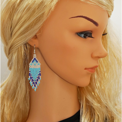 Small Light Blue Beaded Earrings with Fringe of Seed Beads Toho