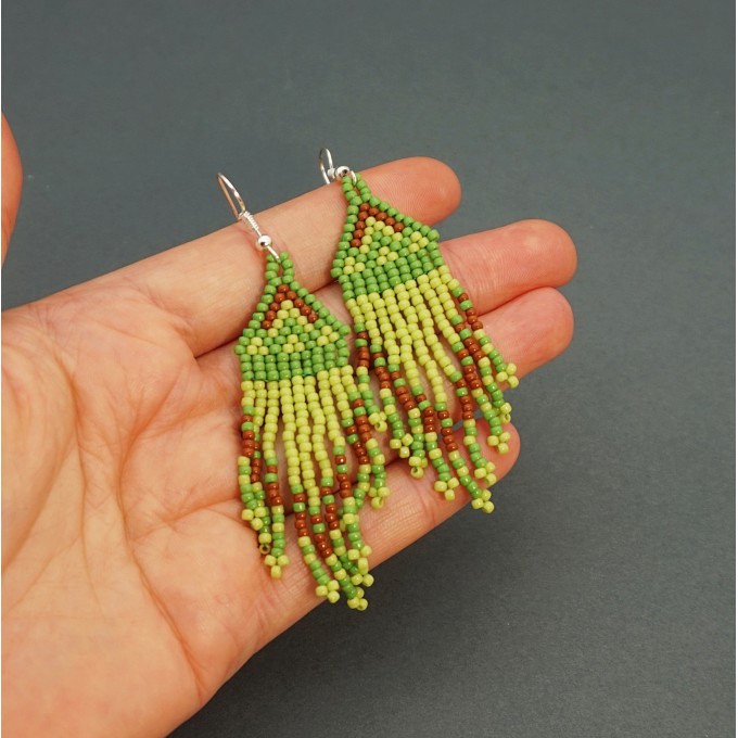 Small Lime Green Beaded Earrings with Fringe of Seed Beads Toho