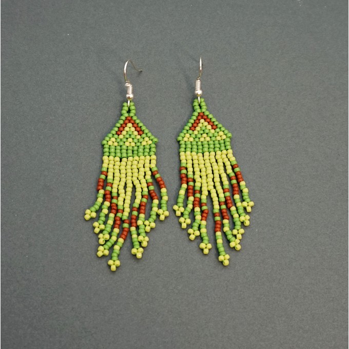 Small Lime Green Beaded Earrings with Fringe of Seed Beads Toho
