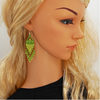 Small Lime Green Beaded Earrings with Fringe of Seed Beads Toho