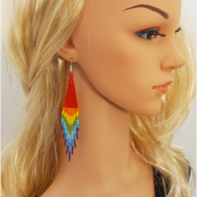 Long Colorful Rainbow Beaded Dangle Earrings