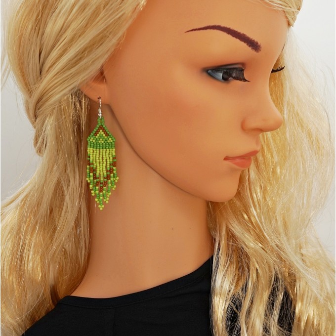 Lime green beaded earrings with fringe