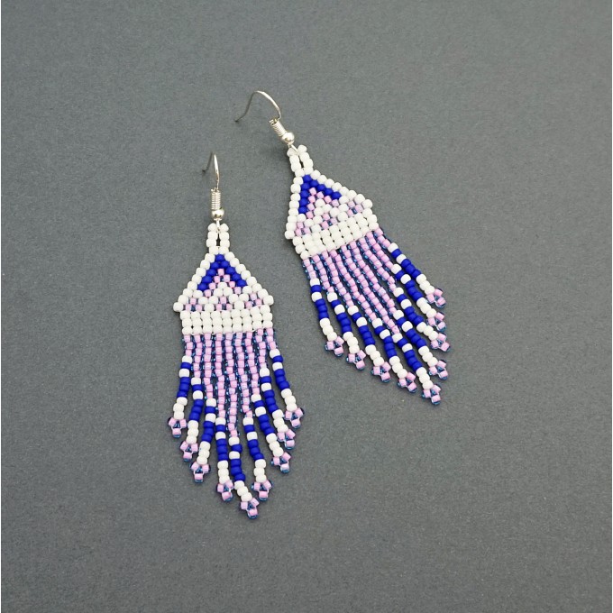 Small Navy Blue and Pink Shades Beaded Earrings with Fringe of Seed Beads Toho