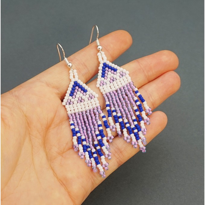 Small Navy Blue and Pink Shades Beaded Earrings with Fringe of Seed Beads Toho