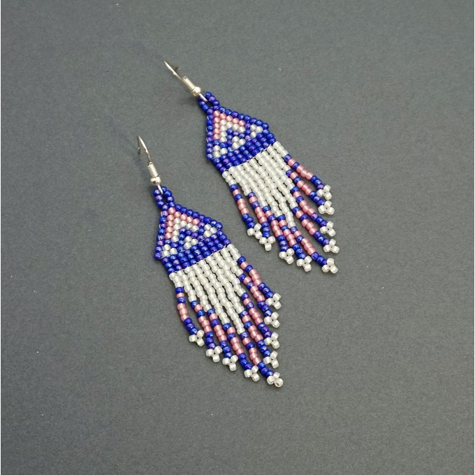 Small Cobalt Blue - White Shades Beaded Earrings with Fringe