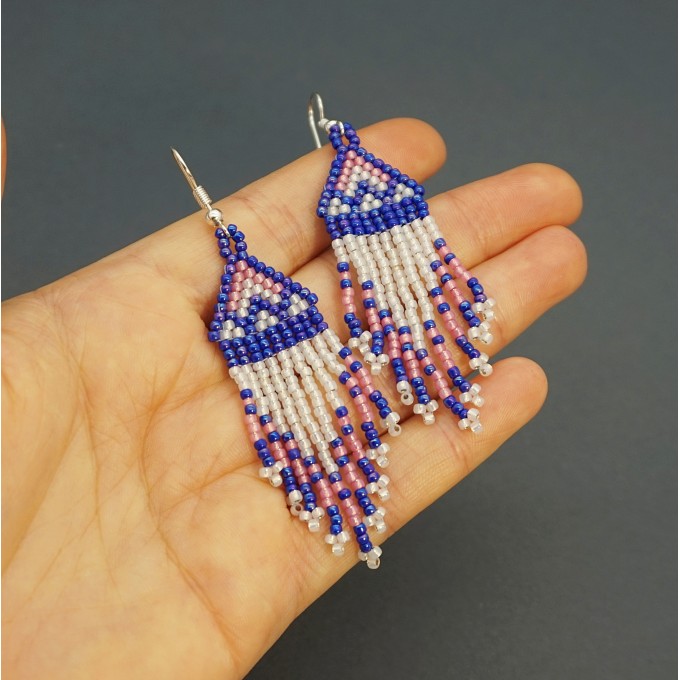 Small Cobalt Blue - White Shades Beaded Earrings with Fringe