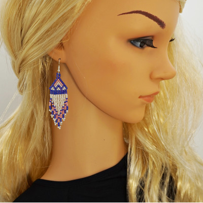 Small Cobalt Blue - White Shades Beaded Earrings with Fringe