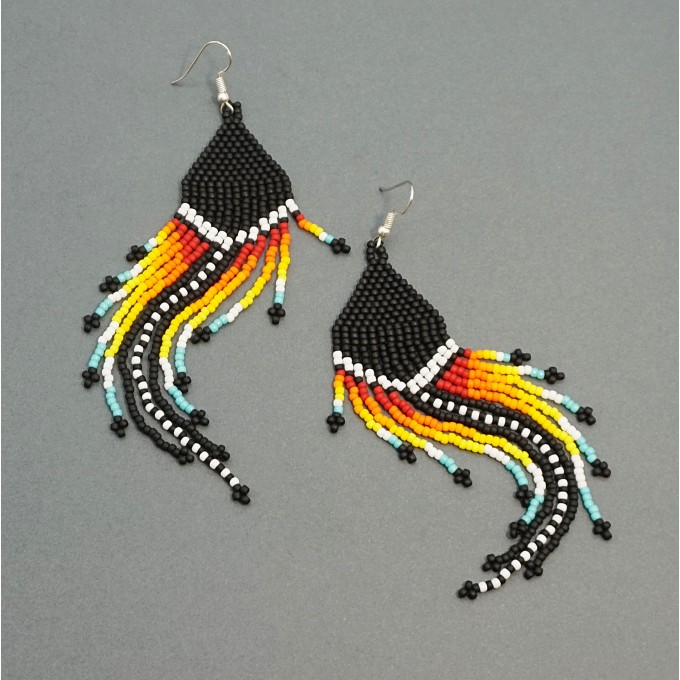 Long Black and Colorful Dangle Beaded Earrings