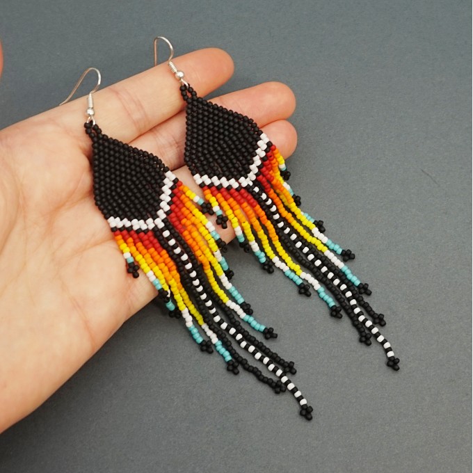 Long Black and Colorful Dangle Beaded Earrings