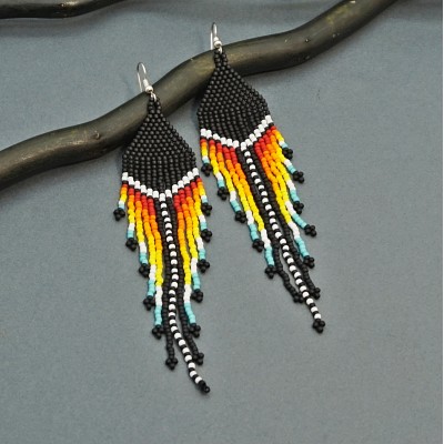 Long Black and Colorful Dangle Beaded Earrings