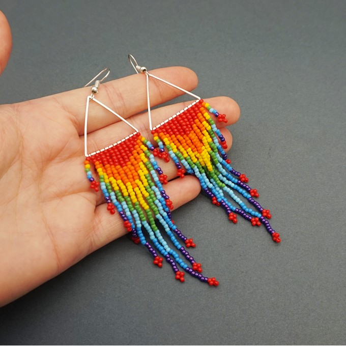 Colorful Rainbow Beaded Dangle Earrings on Silver Triangle