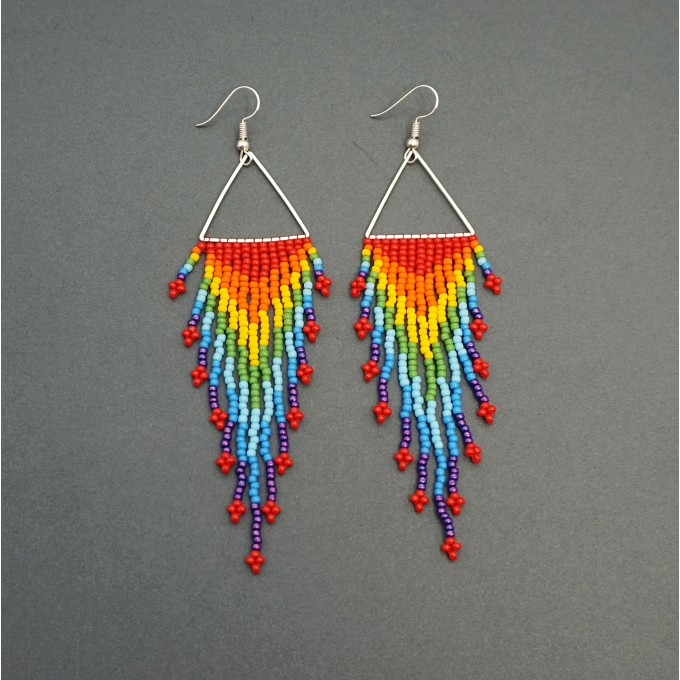 Colorful Rainbow Beaded Dangle Earrings on Silver Triangle