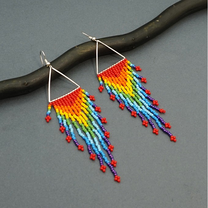 Colorful Rainbow Beaded Dangle Earrings on Silver Triangle