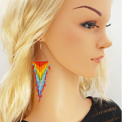 Colorful Rainbow Beaded Dangle Earrings on Silver Triangle