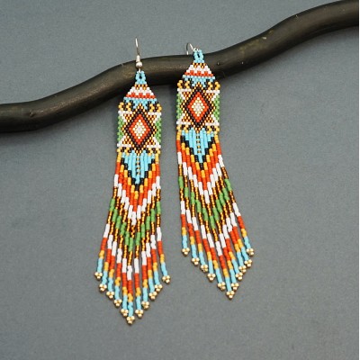 Delicate Extra Long Beaded Dangle Earrings in Native Style