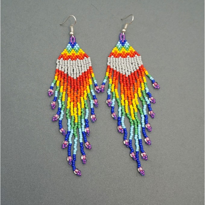 Rainbow Shoulder Duster Statement Earrings of Seed Beads