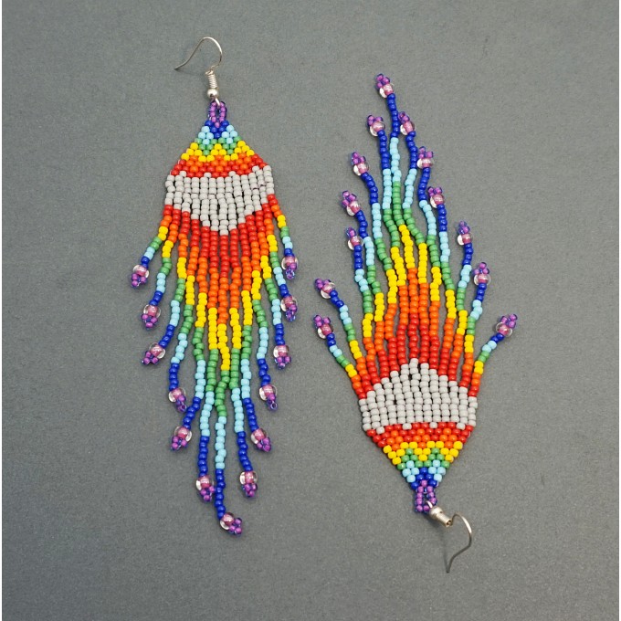 Rainbow Shoulder Duster Statement Earrings of Seed Beads
