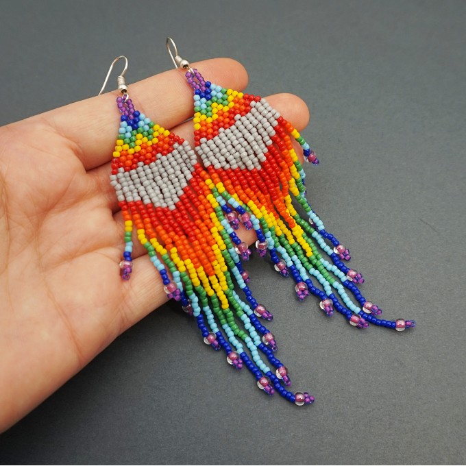 Rainbow Shoulder Duster Statement Earrings of Seed Beads