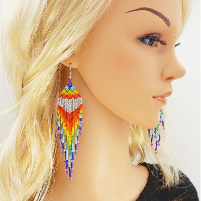 Rainbow Shoulder Duster Statement Earrings of Seed Beads