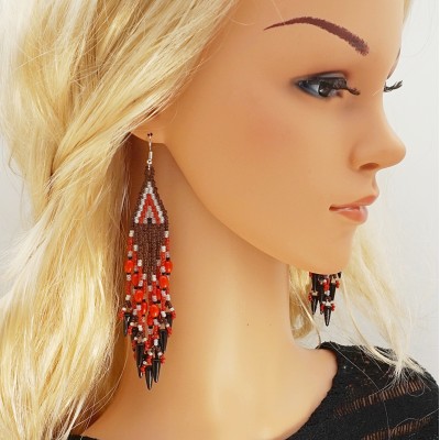 Long Dangle Statement Beaded Earrings in Red and Brown