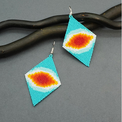 Turquoise Geometric Earrings of Delica Seed Beads - Ocean Sunset