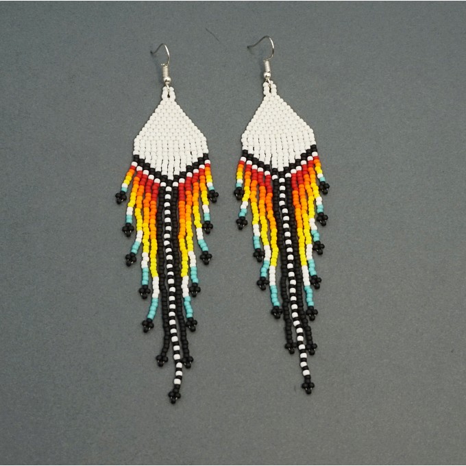 Long Colorful Striped Dangle Beaded Earrings with White Top