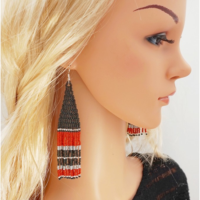 Long Red and Black Boho Dangle Beaded Earrings