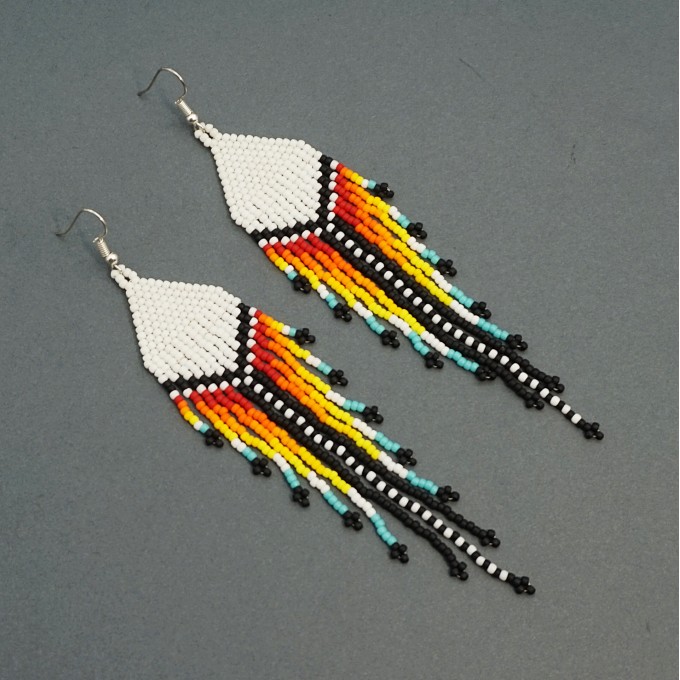 Long Colorful Striped Dangle Beaded Earrings with White Top