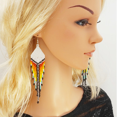 Long Colorful Striped Dangle Beaded Earrings with White Top