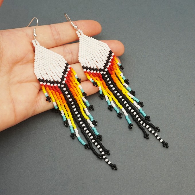 Long Colorful Striped Dangle Beaded Earrings with White Top
